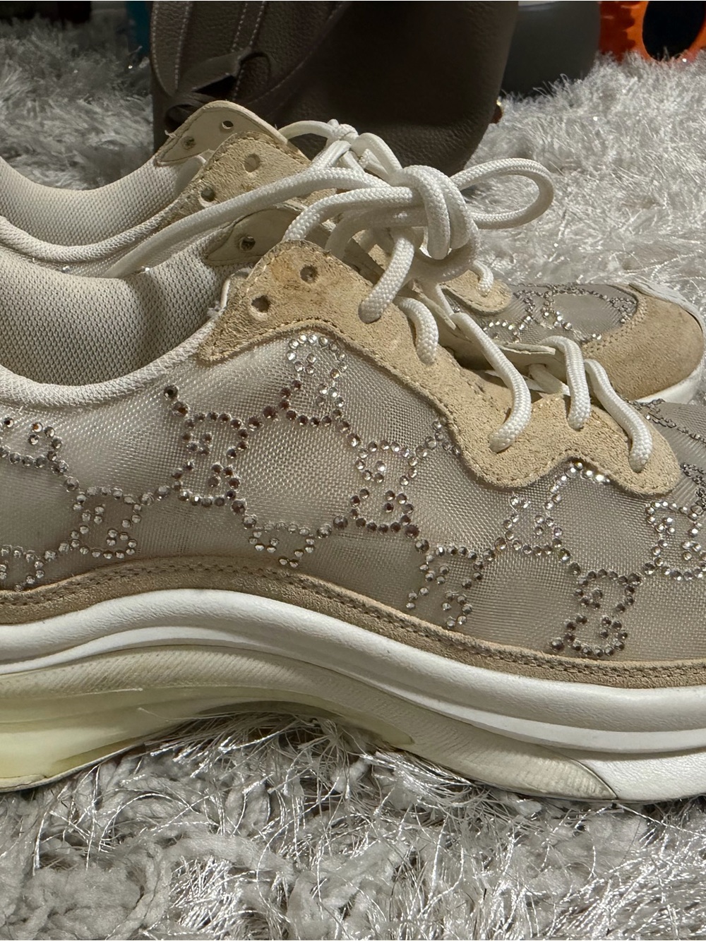 Gucci Beige Crystal-Embellished Women's Sneakers